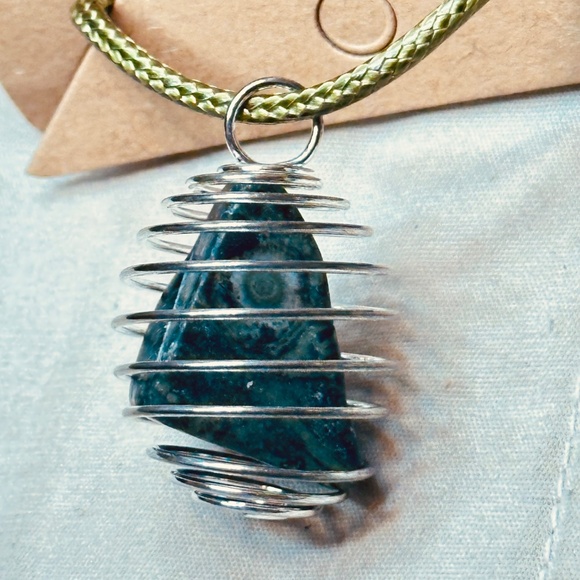 925 Sterling Silver Plated & Kambamba Stone/Crystal Spiral Wire Wrapped Cage New - Picture 6 of 9